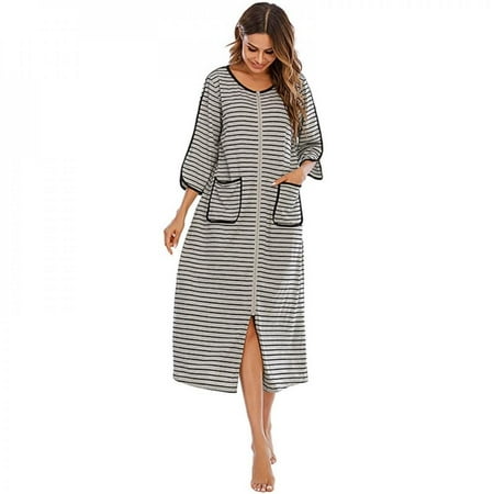 

[BRAND]Delivery On Time!Autumn Winter Women Nightgowns Home Service Comfortable Loose Seven-point Sleeve Striped Sleeping Dress with Pockets