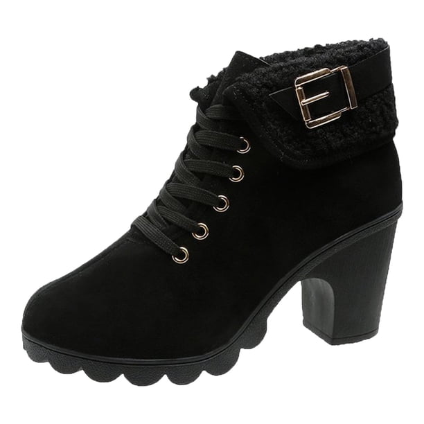Zapatos Botines mujer Botas individuales de tacón de otoño con hebillas de cinturón para mujer Botas de tacón grueso Botas con punta redonda Botas con cordones y botas para mujer (Black 9)