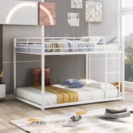 Full Over Full Heavy Duty Low Bunk Bed with Safety Guard Rails and Ladder for Kids  Teens  Adults  No Box Spring Needed  White