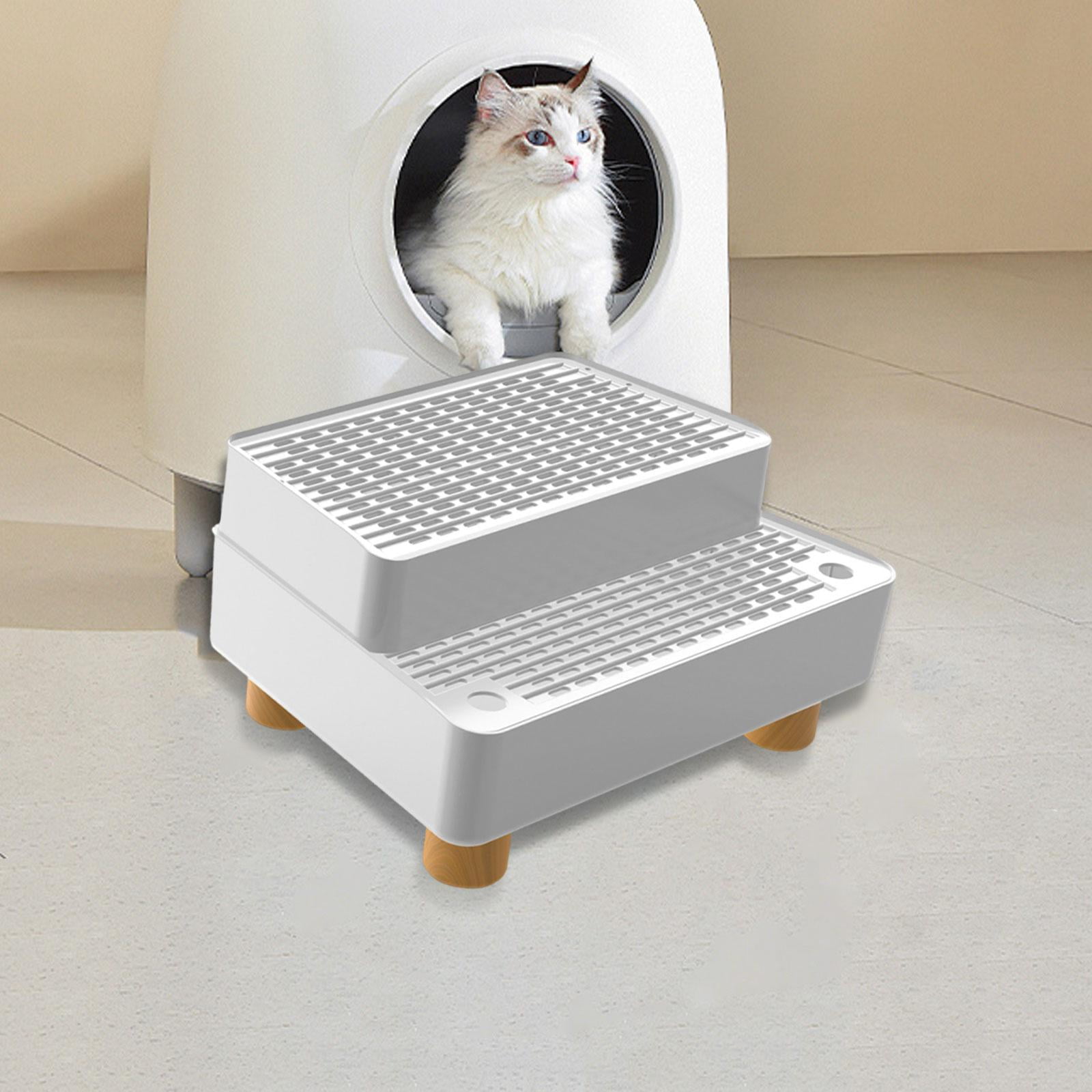 Fzaqwen Automatic Cat Litter Box Ramp 2 Steps Waterproof Pad Mat with Non Slip Feet Leakproof Cat Litter Stair for Small Elderly Cats White