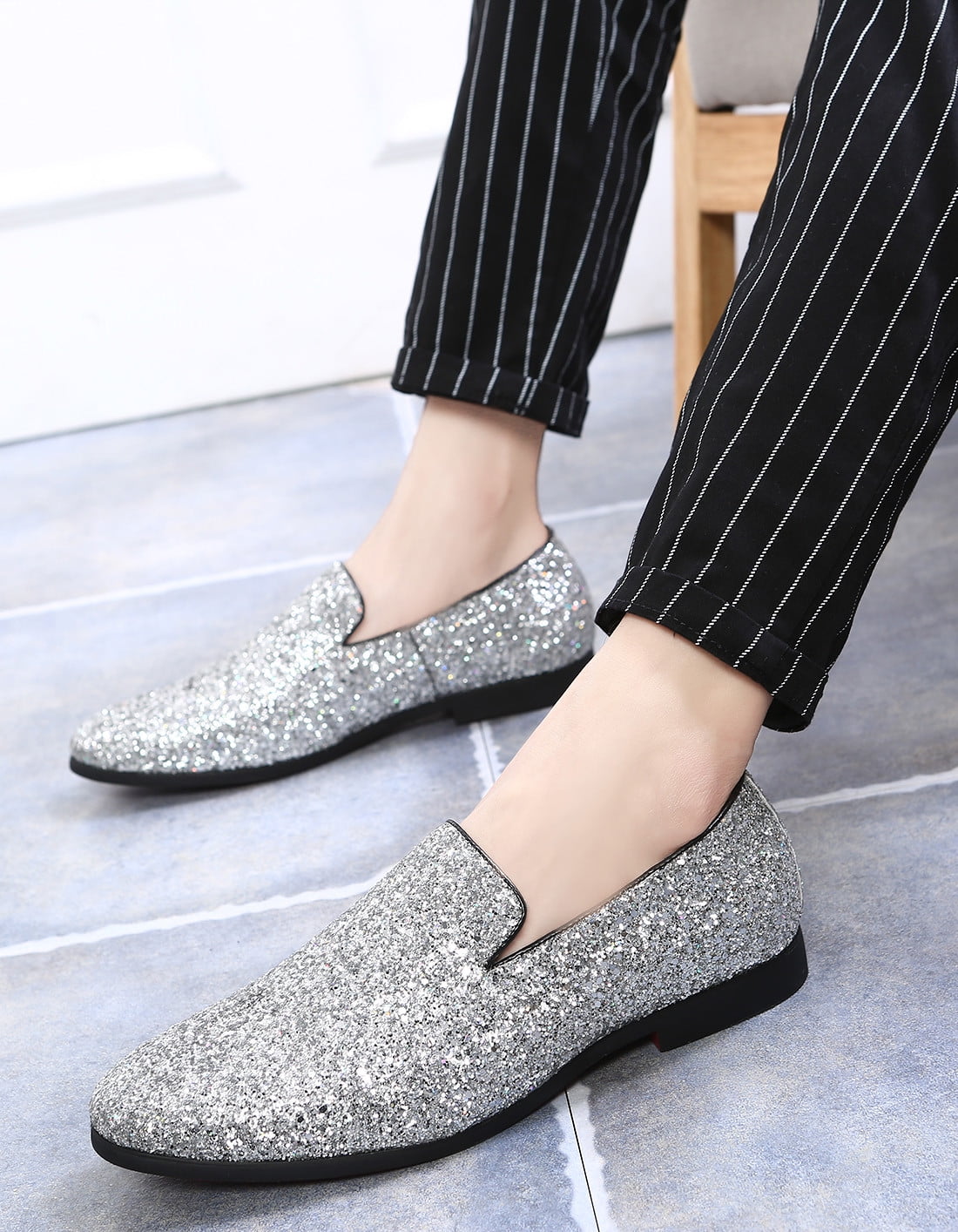 Santimon Mens Metallic Paillette Loafers Slip-on Glitter Moccasins Dress Shoes Leather Shoes Silver 9 US - Walmart Business Supplies Santimon Mens Metallic Paillette Loafers Slip-on Glitter Moccasins Dress Shoes Leather Shoes Silver 9 US - Walmart Business Supplies