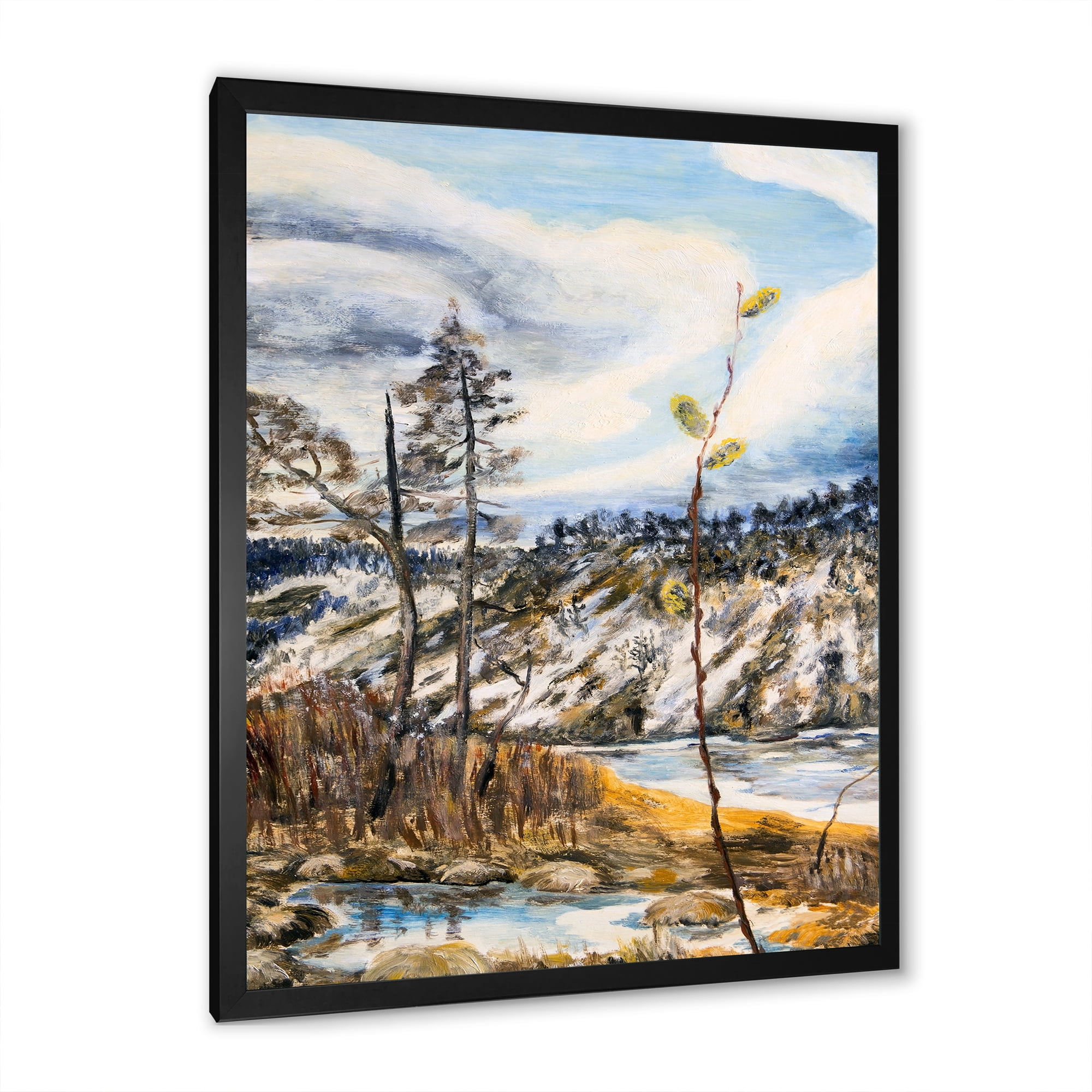 The Cloudy Sky and The River With Spring Landscape 16 in x 32 in Framed Painting Canvas Art Print, by Designart