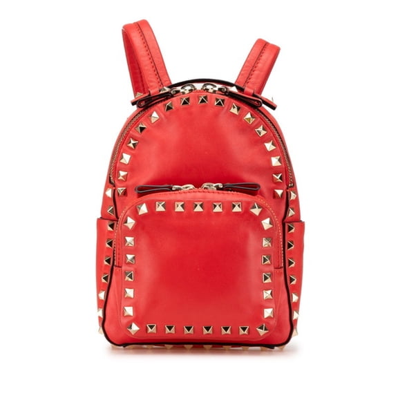 Pre-Owned Valentino Rockstud Backpack Red Leather Women's