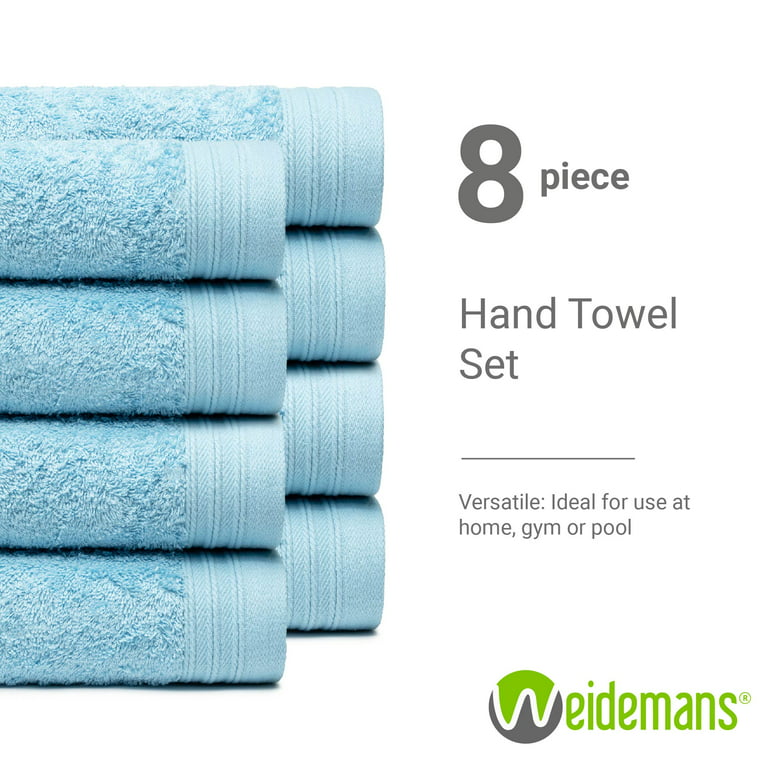 Premium Towel Set of 8 Hand Towels 18 x 30 Color: Sky Blue | Pure Cotton  |Machine Washable High Absorbency | by Weidemans