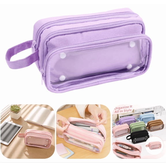 Large Capacity Pouch Case with 3 Zippers, Aesthetic Pencil Case Pouch, Cute Pencil Bag for Classroom Stationery Storage (Purple)