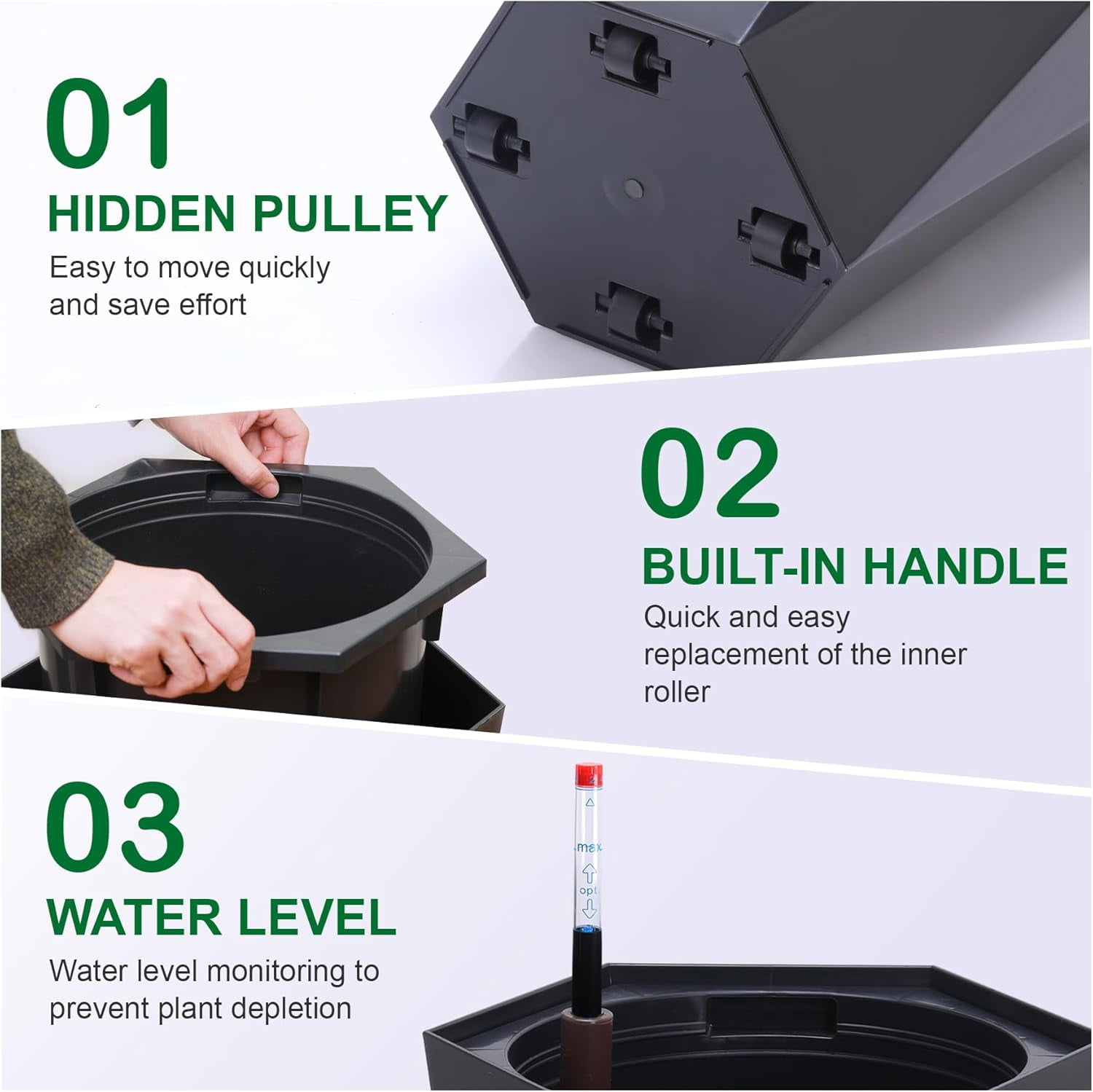 Riedhoff 22.5" Tall Planter Pots Set of 2, Self Watering with Water Level Monitor, Black