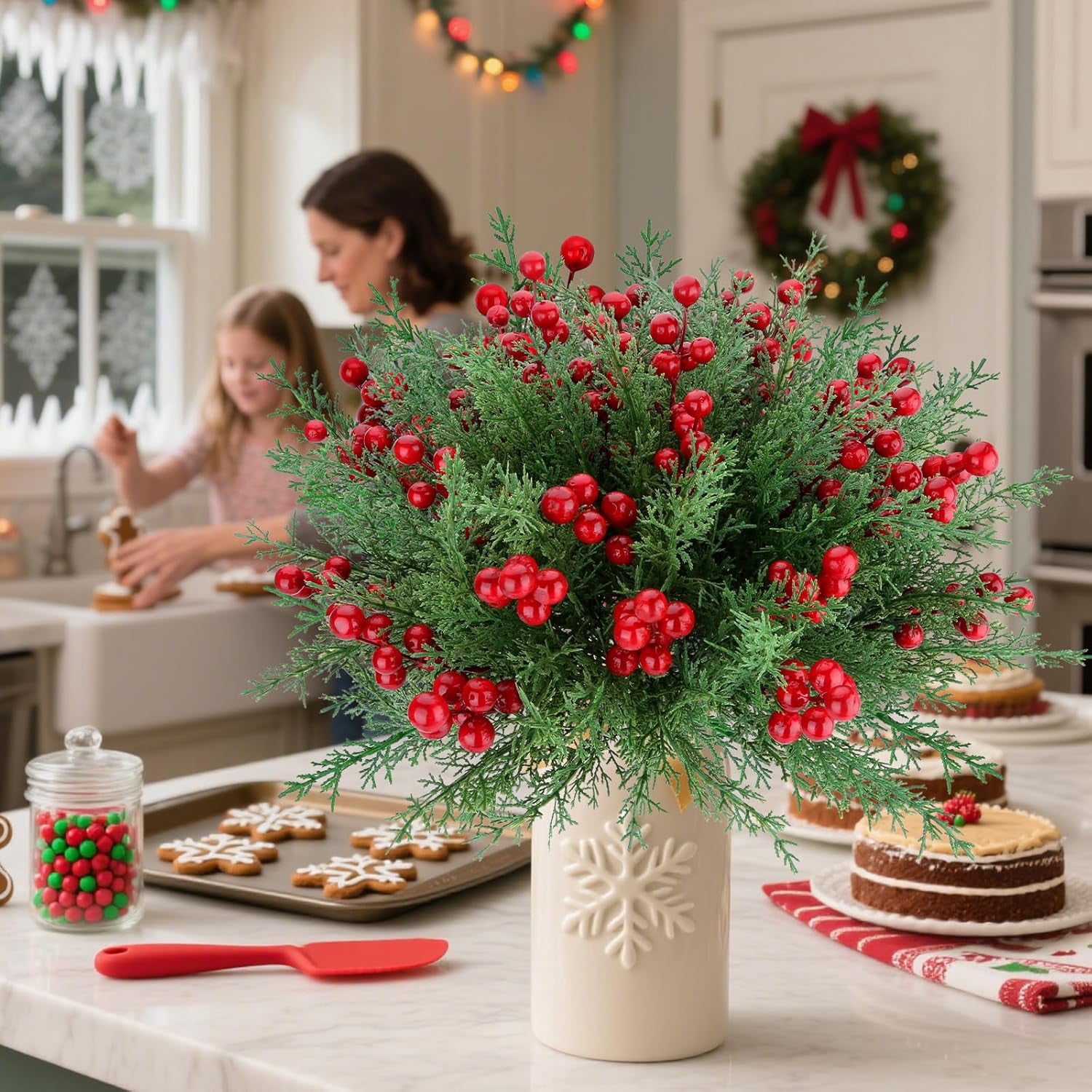 Minibee 8 Bundles Fake Pine Branch Christmas Flowers with Berries, Realistic Christmas Flowers Artificial for Holiday Home Styling