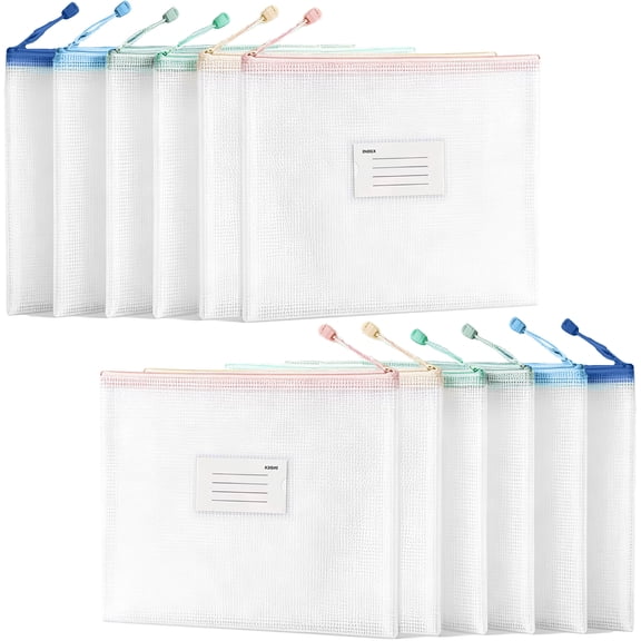 Mygeromon Mesh Zipper Pouch 12pcs A4 Size Plastic Storage Pocket 6 Colors(13.2 x 9.33 in)