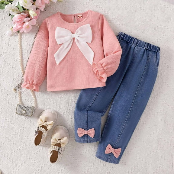 Eltusu Girls Cotton Outfit Sets, 2 Pieces Crew Neck Long Sleeve Tops and Pants Set Pink Size 6 T