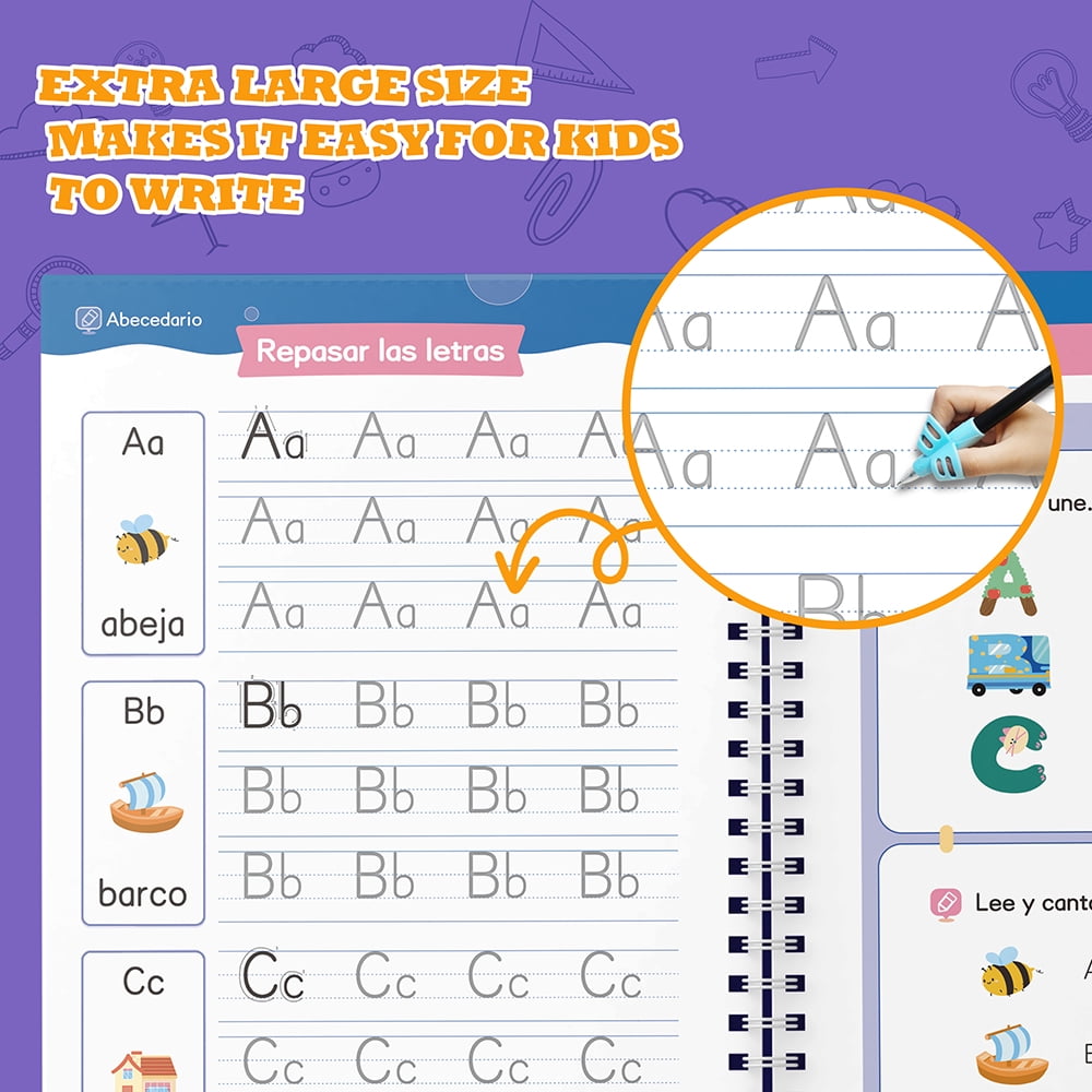 Spanish Magic Grooved Writing Practice for Kids Ages 3–8 – Reusable Grooved Handwriting Workbooks, Large Tracing Practice Books, Preschool & Kindergarten Learning Activities, Educational Gift