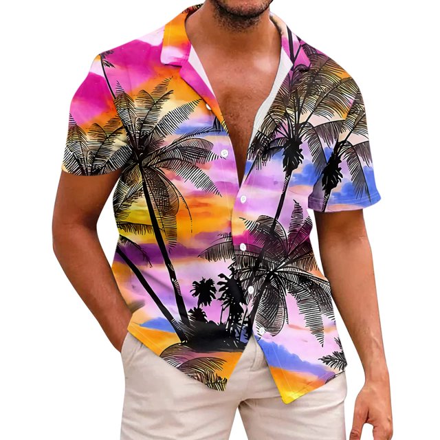 Hawaiian Shirt For Men Casual Fashion Summer Short Sleeve Buttons Printed T Shirt Top L