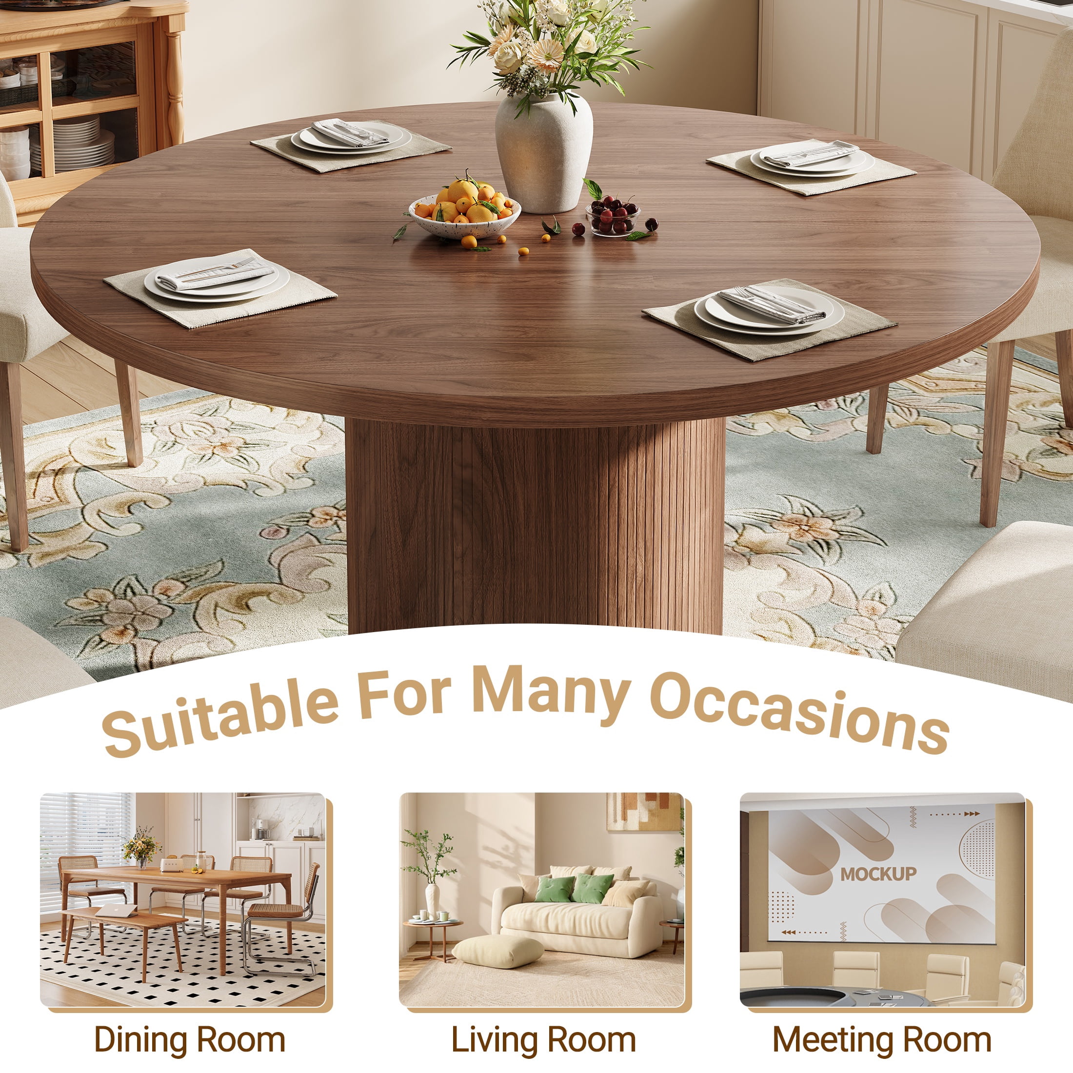 UHOMEPRO Round Dining Table, 47" Circle Kitchen Table for 4-6, Farmhouse Dining Room Table with Sturdy Wood Strip Base, Modern Dining Table for Dining Room Living Room, Walnut(Only Table)