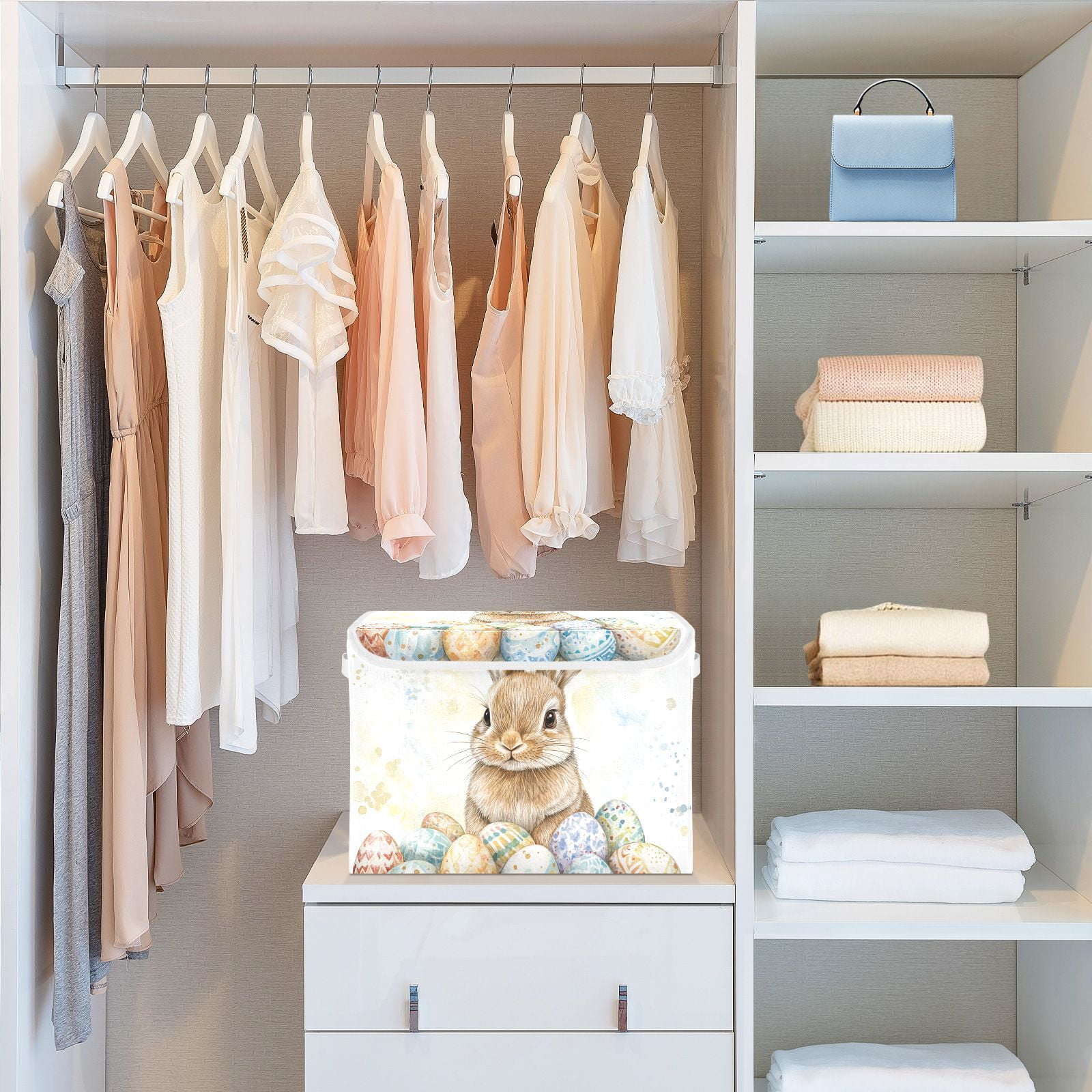 Bunny Easter Eggs Rabbit Storage Basket for Shelves Foldable Container Organizer for Organizing Toys Clothes Books with Handles