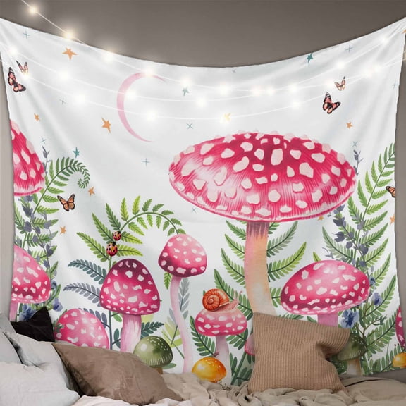 Mushroom Tapestry for Bedroom Wall Hanging Tapestry, Pink Butterfly Rustic Botanical Leaf Ceiling Backdrop Tapestries Poster Blanket Wall Decor for Teens Room Living Room Dorm 59" x 79"