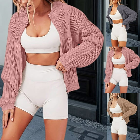 Lovskoo Cardigan Sweaters for Women Zippered Round Neck Loose Knit Cardigan Long Sleeve Jacket Sweater Jacket Khaki