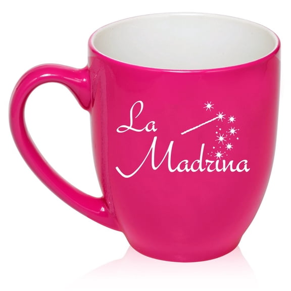 16 oz Large Bistro Mug Ceramic Coffee Tea Glass Cup La Madrina Christening Baptism Godmother (Hot Pink)