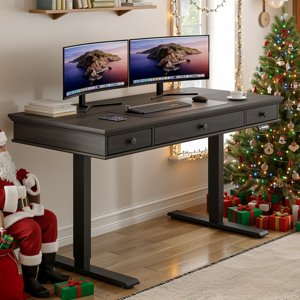 Black Walnut Electric Height Adjustable Standing Desk With Drawers