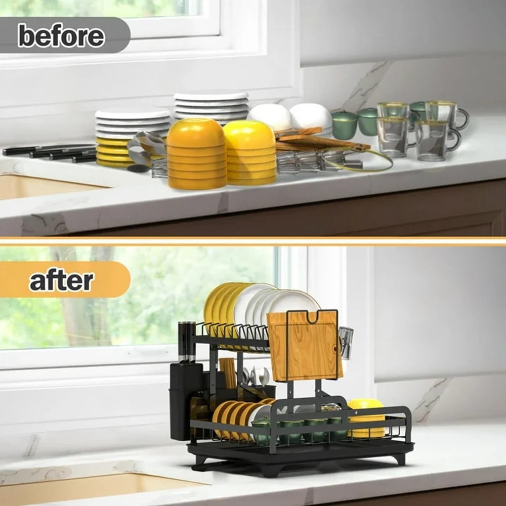 TEAFIRST 2 Tier Dish Drying Rack, Large Dish Rack and Drainboard for Kitchen Counter, 10.5'', Black
