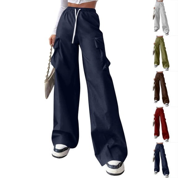 Elastic Waist Drawstring Wide Leg Cargo Pants for Women Side Cargo Pockets Baggy Loose Fit Pants Y2K Streetwear Casual Vacation Bottoms, #01 Navy, L