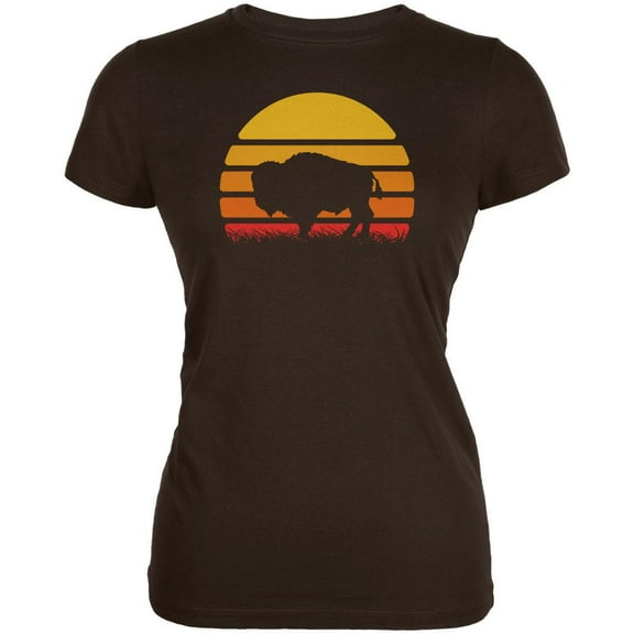 Retro 70s Sunset Buffalo Bison Juniors Soft T Shirt Brown LG