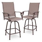 Magshion Outside Patio Swivel Bar Stools Set of 2, Breathable Fabric Height Chairs with High Back for Backyard Balcony, Brown