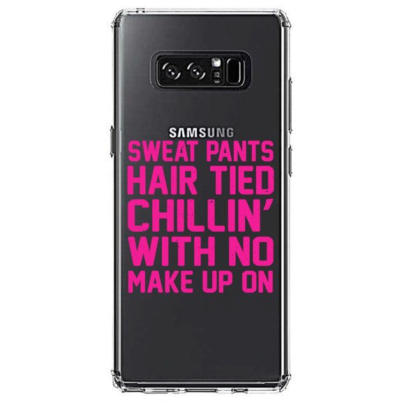 DistinctInk Clear Shockproof Hybrid Case for Samsung Galaxy Note 8 - TPU Bumper Acrylic Back Tempered Glass Screen Protector - Sweat Pants Hair Tied Chillin' With No Make Up On