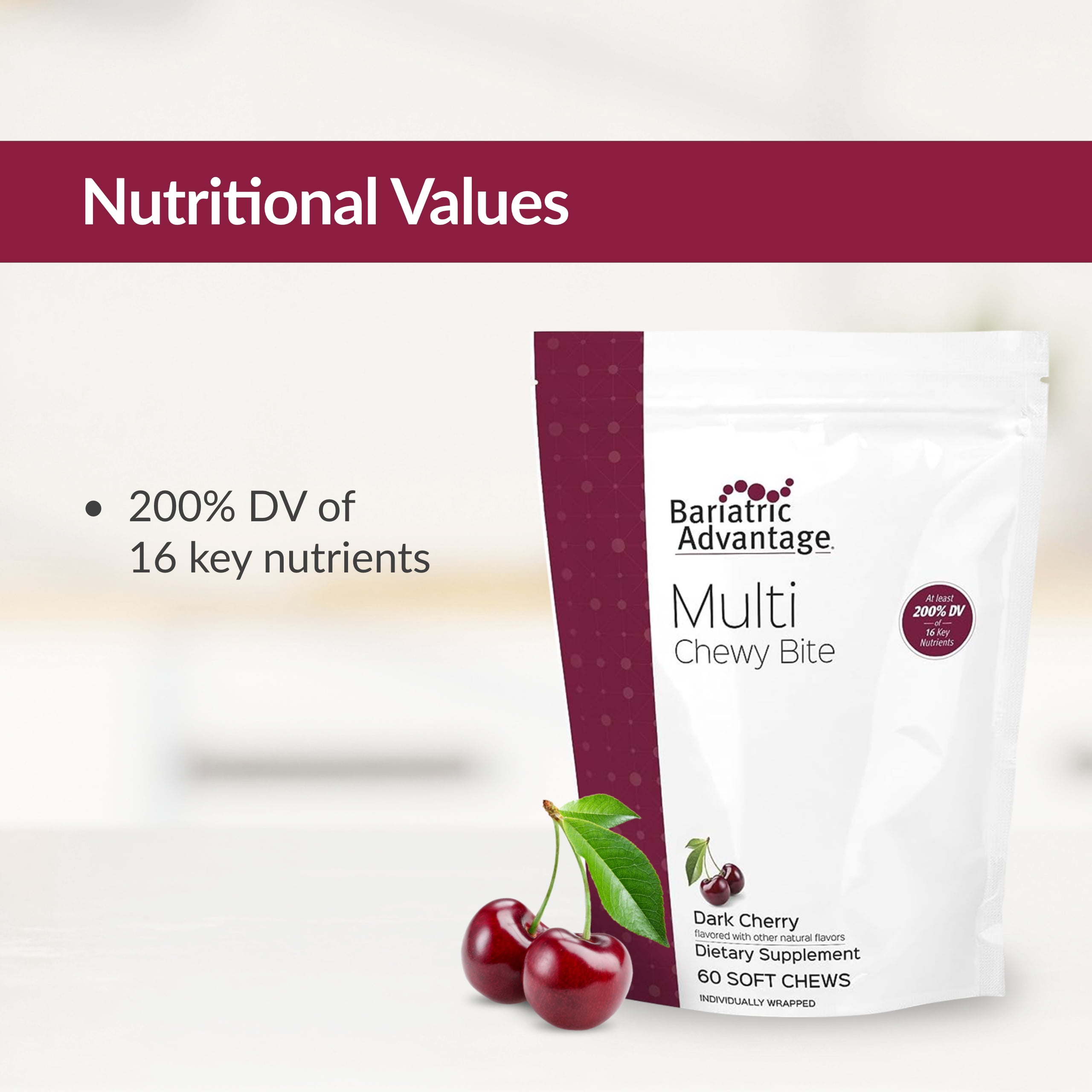 Bariatric Advantage Multi Chewy Bite - Soft Chew Multivitamin for Bariatric Surgery Patients - Chewable Multivitamin with Folic Acid, Vitamin D3 & More - Dark Cherry Flavor - 60 Count
