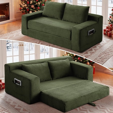 Aukfa 73" Chaise Futon Convertible Sofa Bed Boneless Couch, 2 Pillows&Side Pockets, Queen Size, Corduroy, Green