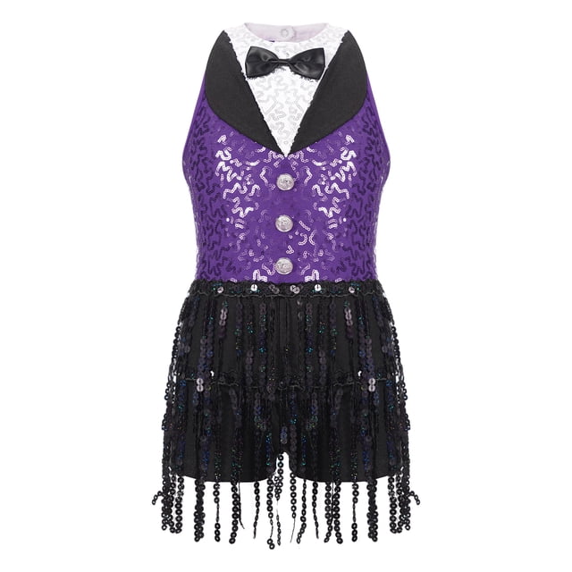 Sinleey Robe Justaucorps à Paillettes avec Franges pour Filles, Franges, Latin, Jazz, Rumba, Salsa, Chacha, Tenue de Danse Moderne, Violet 16