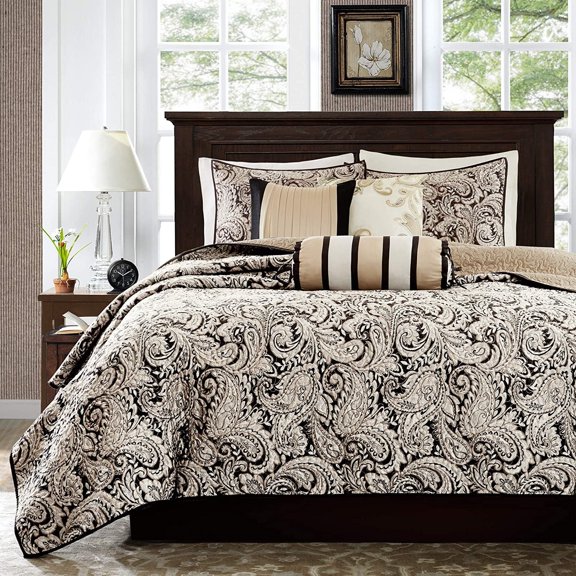 Madison Park King/Cal King Size 6 Piece Jacquard Quilt Set with Throw Pillows ,Reversible Bed Cover for All Seasons,Black