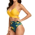 thumbnail image 3 of SWSMCLT Women's High Waisted Bikini Set Halter Cross Criss Wrap Tie Back Swimsuit Push Up Tummy Control Swimwear Floral Print Ruched 2 Piece Bathing Suit Yellow 4-6, 3 of 5