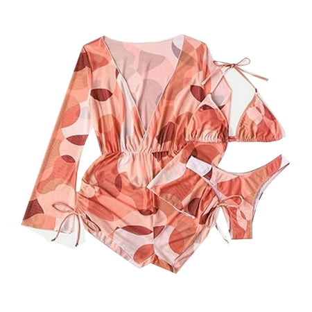 Summer Clearance Sale! TMOYZQ Women s 3 Piece Halter Bikini Sets High Waisted Swimsuits with Drawsrting Sheer Mesh Beach Cover Ups Bathing Suits Vacation Outfits