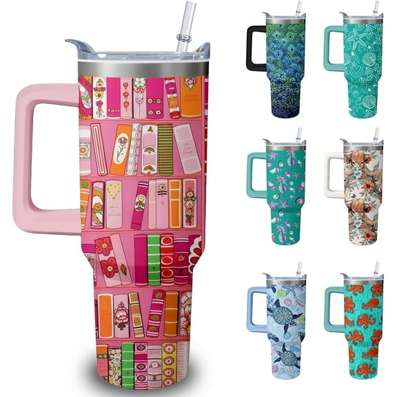 40oz Book Tumbler with Handle and Straw, Book lovers Gifts for Women, Bookish Stainless Steel Travel Mug Water Bottle for Readers, Librarians, Bookaholics, Bookworms, Vacuum Insulated Cup with Lid