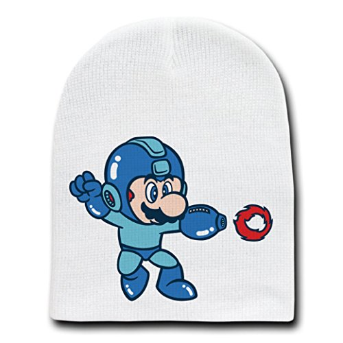 Mega Mario Video Game Parody White Adult Beanie Skull Cap Hat