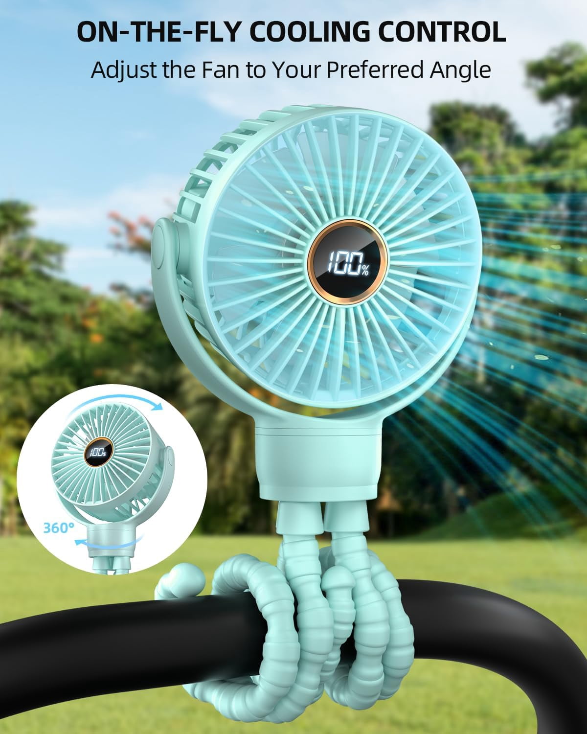 UniVerse Portable Stroller Mini Fan, Small Rechargeable Personal Fan, Travel Essentials for Baby, Wagon, Car Seat, Treadmill, Battery Powered Biking Gear Accessories, 360° Rotation, 3-Speed, Display