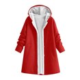 thumbnail image 3 of Women Windproof Hooded Mid-Length Coat,Fleece Lined Open Front Button Jacket,Oversized Loose Warm Solid Outerwear with Side Pockets, 3 of 6