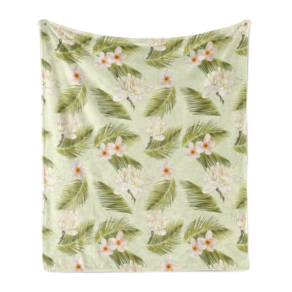 Leaves Soft Flannel Fleece Throw Blanket, Repetitive Tropical Blossoms Frangipani Palm Leaf in Spring Colors, Cozy Plush for Indoor and Outdoor Use, 70" x 90", Pastel Green Multicolor, by Ambesonne
