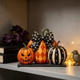 thumbnail image 4 of JWZZYD Halloween Tabletop Decorations Indoor, Pumpkins Wooden Tabletop Decor, Striped Checkered Pumpkin Flat Ornament, Vintage Fall Halloween Thanksgiving Mantel Home Desk Decor, 4 of 6