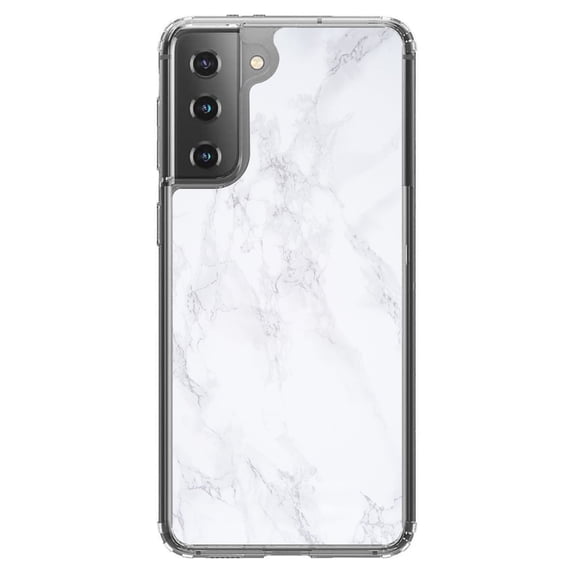 DistinctInk Clear Shockproof Hybrid Case for Galaxy S21 5G (6.2" Screen) - TPU Bumper, Acrylic Back, Tempered Glass Screen Protector - White Grey Marble Carrara