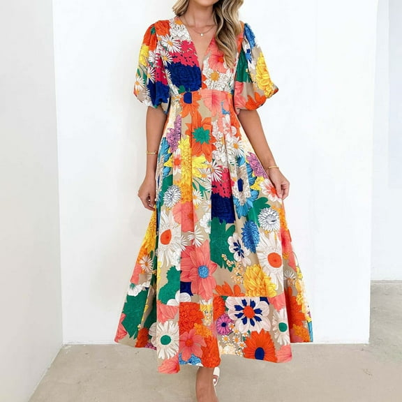 Women's Floral Print V-Neck Short Sleeve Casual Dress - Soft Polyester, Summer Spring Daily Wear, Comfortable & Stylish, Hand Wash