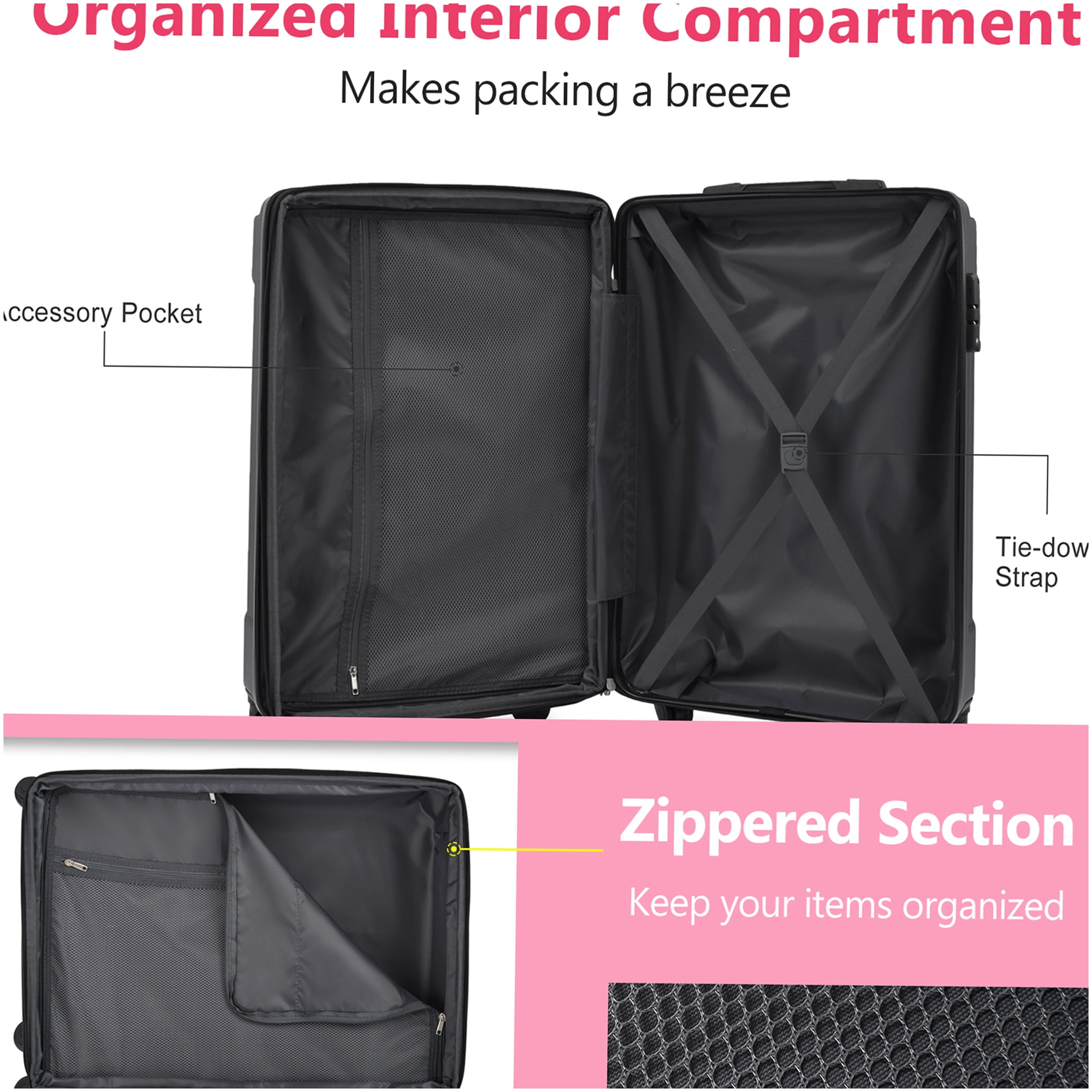 Pink Lightweight ABS Suitcase Set of 3, 20/24/28 Inch Hardshell Luggage with 8 Spinner Wheels