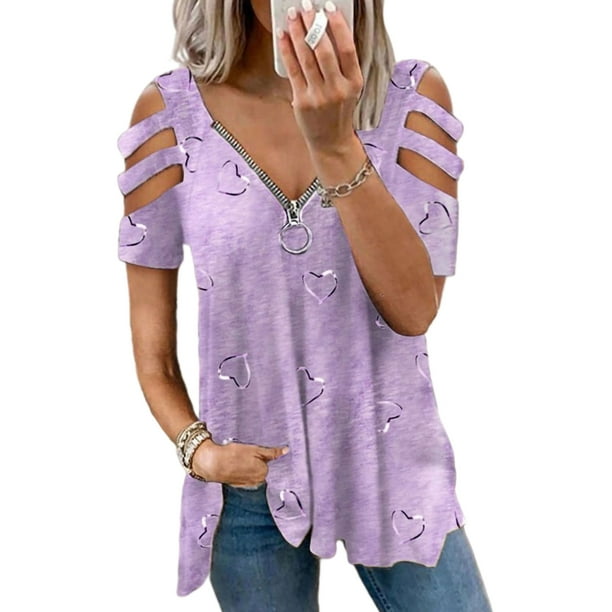MAWCLOS Women Plus Size Cold Shoulder Tops Floral Summer Shirts Loose ...