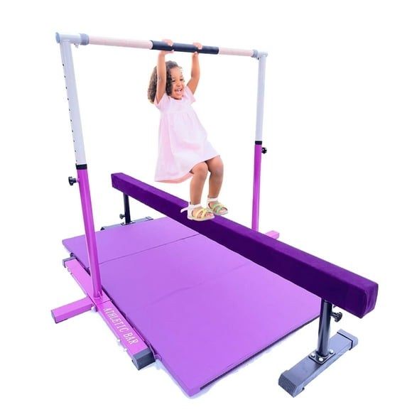 GymPros Barre de Gymnastique Professionnelle Kip Bar pour Enfants Ensemble 3 en 1 avec Poutre d'Équilibre Réglable, Tapis de Chute 6'x4', Barre Horizontale Extensible de 3 à 5 Pi Gymnaste Junior Barre de Gymnastique, Barre Asymétrique Violet