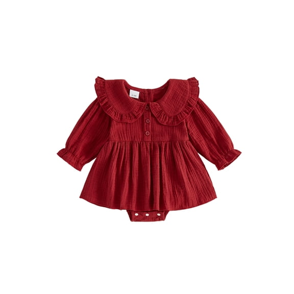 Cjfdfy Newborn Baby Girl Christmas Fall Outfit Romper Ruffle Dress A Line Button Doll Collar Long Sleeve Dress Cute Infant Coming Home Fall Winter Outfit 0-18M