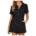 thumbnail image 2 of Femmes Printemps Été Solide Chemise Bouton V-Cou à Manches Courtes Combinaison Décontractée Short, 2 of 7