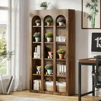 Arched Bookshelf, 70.87” Farmhouse Bookcase, Vintage Brown Wood Grain, Tall Standing Shelves for Living Room, Bedroom, Office, Freestanding Storage