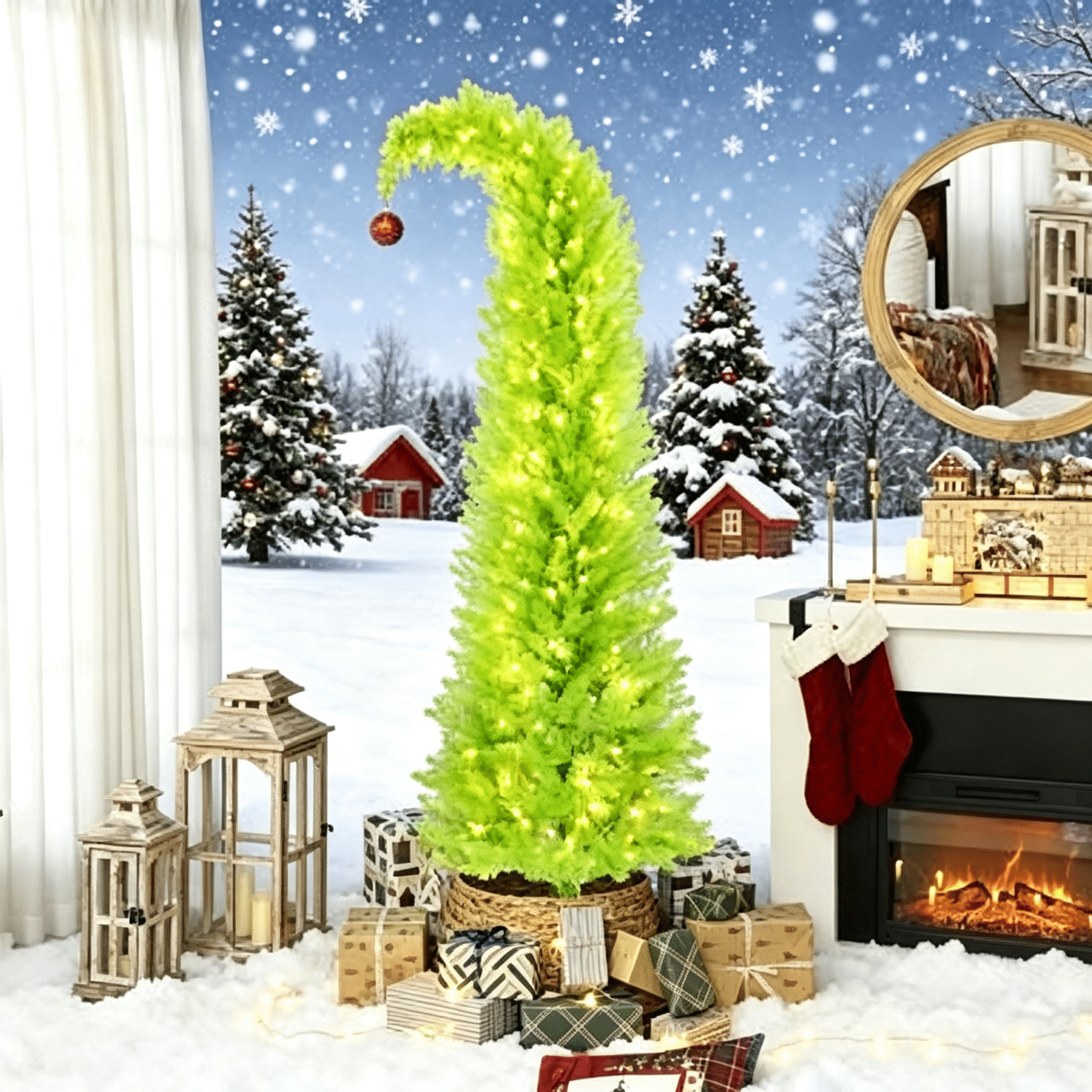72 in Whimsical Christmas Tree, Pencil Xmas Tree with Red Ball, Metal Base, Prelit with 230 LED Lights