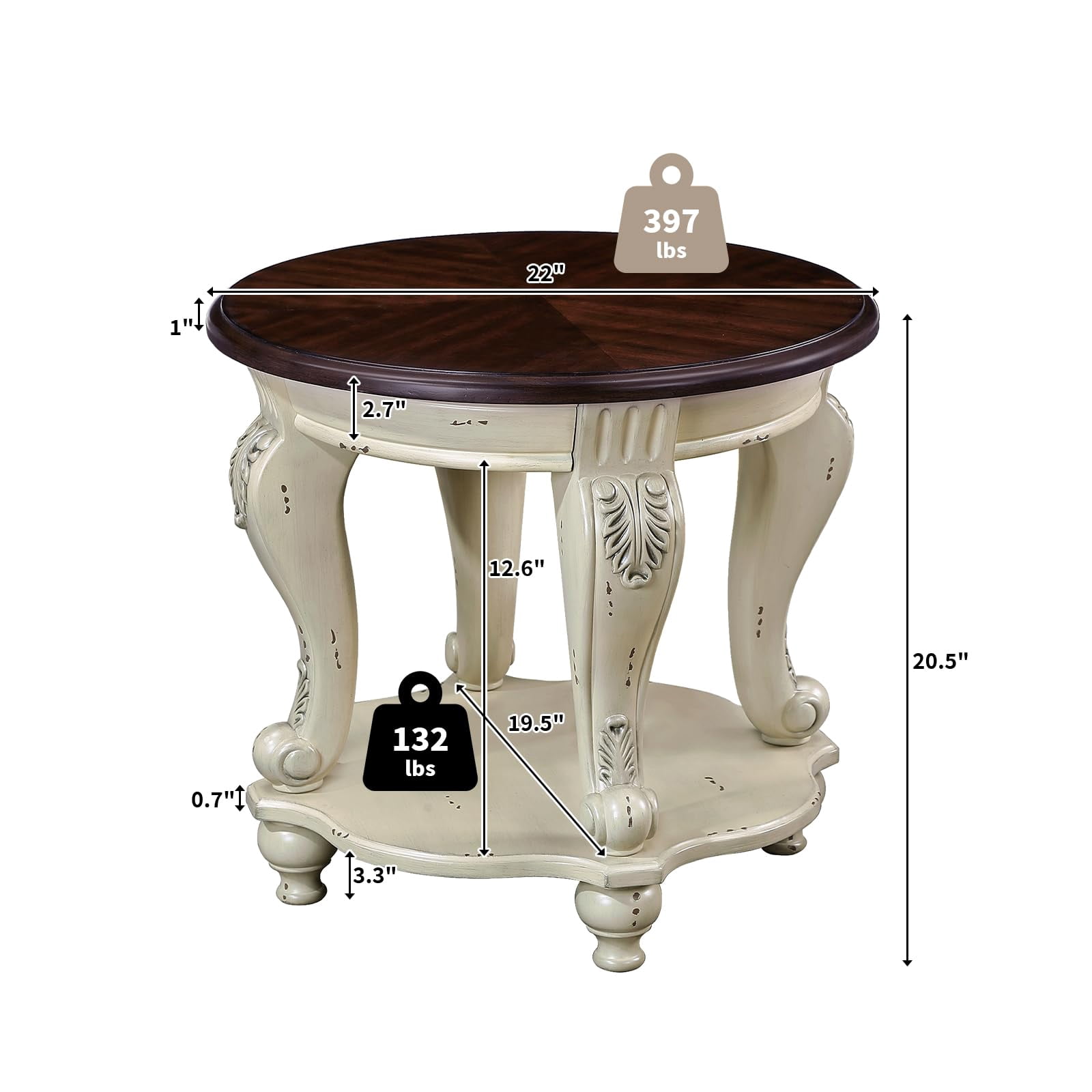 22" Two-Tone Round End Table - Solid Wood Side Table with Shelf & Carved Legs for Living Room, Vintage Style in Beige and Espresso