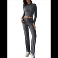 thumbnail image 3 of Conjuntos de 2 Piezas para Mujer, Larga, Cuello Redondo, Pantalones Acampanados de Cintura Alta, Conjuntos de Chándal, Ropa de Calle. Gris Oscuro L, 3 of 10