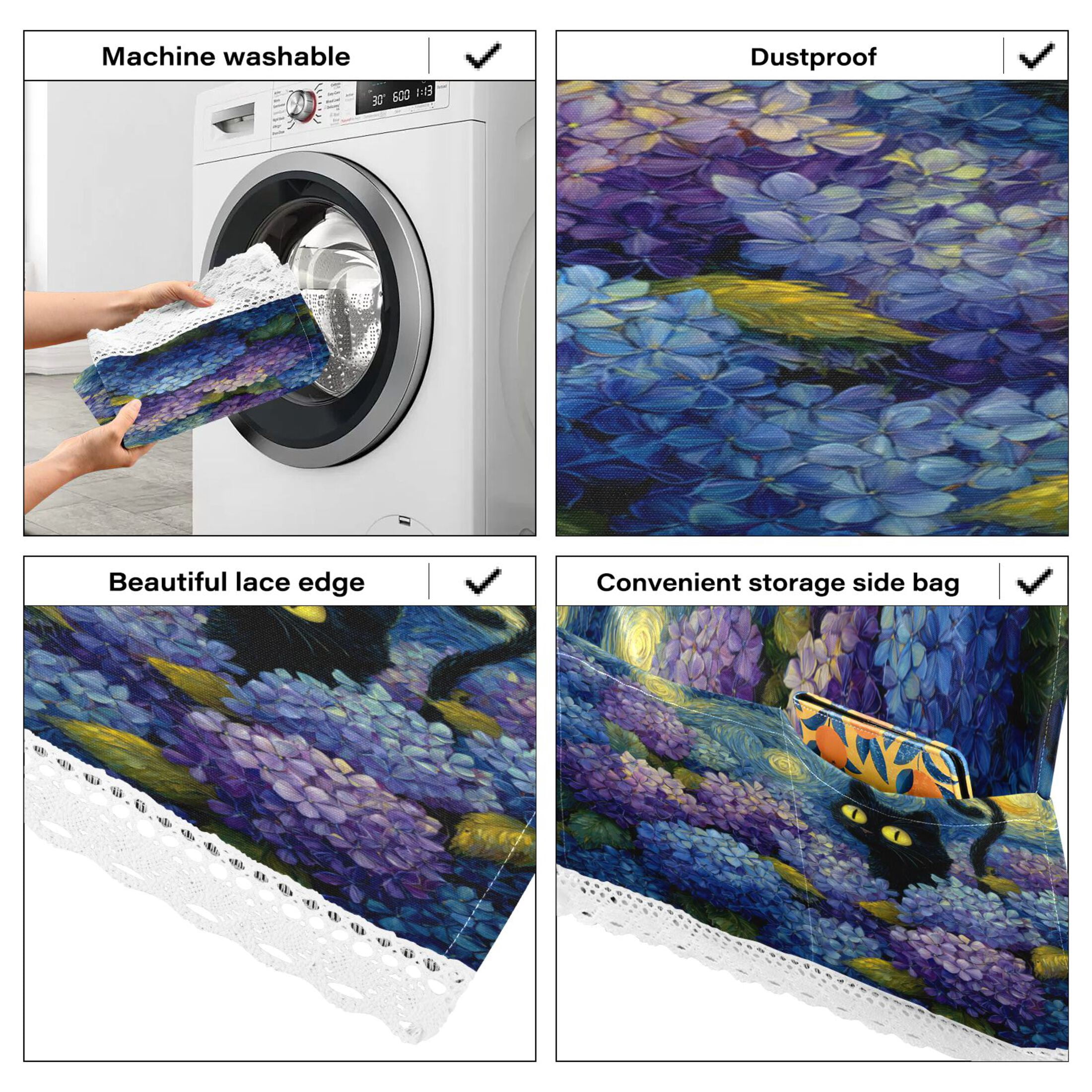 Wobogo Starry Hydrangea Cat Washing Machine Cover Dustproof Washer Dryer Cover Waterproof Laundry Room Decorative Protector